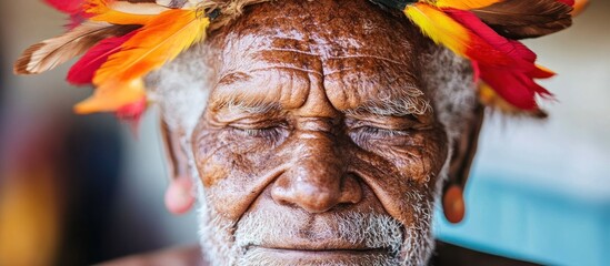 Poster - Close-up Portrait of an Elderly Man Wearing a Feather Headband