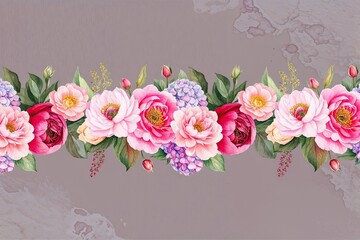 Wall Mural - Elegant Watercolor Pink Floral Border with Peony Rose and Hydrangea for Invitations and Card Design