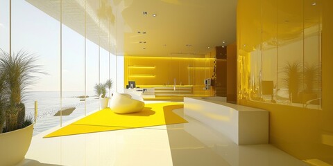 Aufkleber - Modern Office Interior with Yellow Walls and Ocean View