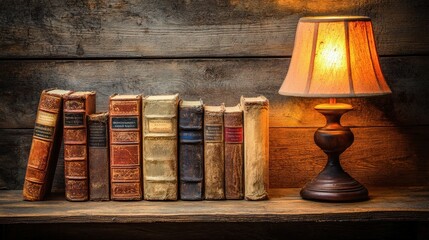 Aufkleber - Antique Books and a Table Lamp on a Rustic Wooden Shelf