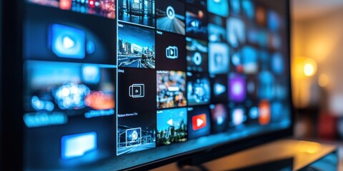 Aufkleber - Television Screen Displaying Multiple Video Thumbnails and Play Buttons