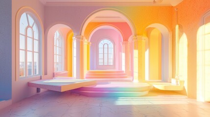 Aufkleber - Pastel-Colored Room with Arched Windows and a Platform