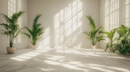 Poster - Sunlit Interior with Palm Trees and Window Shadows