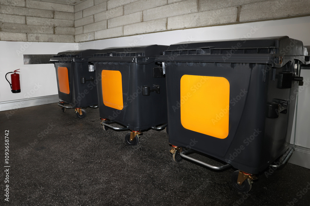 Plastic recycling containers in room