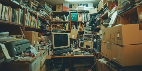 Poster - A Cluttered Room with a Computer and Bookshelves