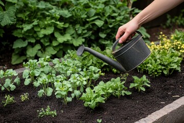 Poster - A hand holds a metal watering can to nourish young seedlings in a garden bed, promoting healthy growth in rich soil. Generative AI