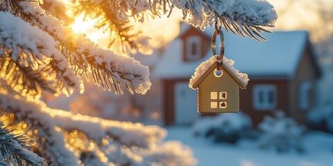 Wall Mural - A Golden House Key Charm Hanging from a Snowy Pine Branch in the Winter Sunset