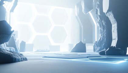 Aufkleber - Abstract futuristic white room with glowing lines and hexagonal windows