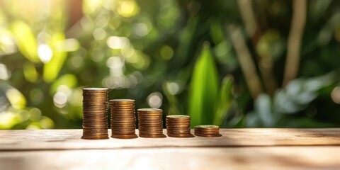 Aufkleber - Stacked Coins on Wooden Table with Green Blurred Background