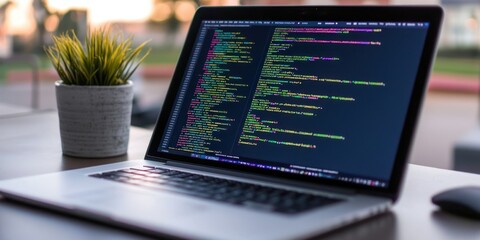 Poster - Laptop displaying code with a small potted plant beside it