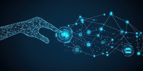 Poster - A Wireframe Hand Interacting with a Network of Lightbulb and Other Icons