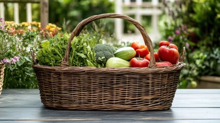 Poster - Fresh vegetables including tomatoes, zucchini, and lettuce fill a wicker basket, showcasing a bountiful summer harvest from the garden. Generative AI