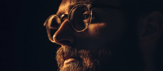 Poster - Close-up of a Man's Face with Glasses and Beard in Low Light