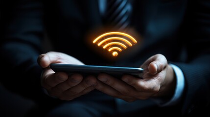 Fototapete - Hands Holding Smartphone with Glowing Wifi Symbol