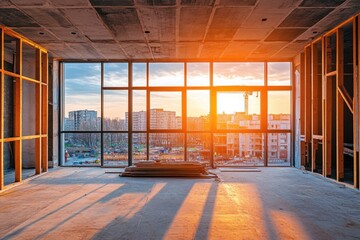 Aufkleber - Empty room under construction with large window overlooking city skyline with sunset.