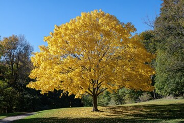 Poster - A solitary tree with vibrant yellow leaves stands in a grassy field under a clear blue sky, with a few fallen leaves on the ground.