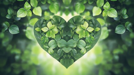 Poster - A heart shape formed by green leaves with a blurred green background.