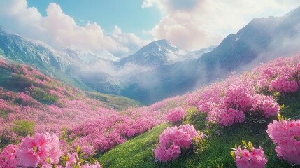 Poster - A picturesque mountain valley blanketed in a vibrant field of pink flowers, with a serene blue sky and fluffy clouds overhead.