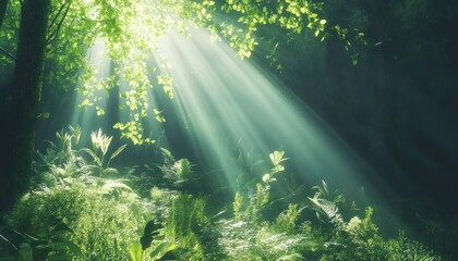 Poster - Sunlight beams through the canopy of a lush green forest, illuminating the ferns and plants on the forest floor.