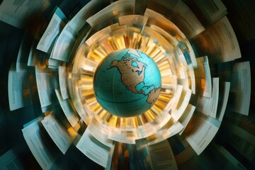 Aufkleber - A globe surrounded by books in a swirling vortex of knowledge.