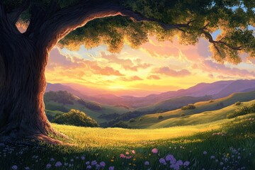 Poster - A majestic oak tree stands tall in a field of wildflowers, overlooking a valley bathed in the warm glow of a sunset.