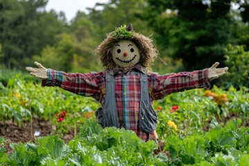 Poster - A cheerful scarecrow with a plaid shirt and straw hat watches over a lush vegetable garden filled with leafy greens and colorful produce. Generative AI