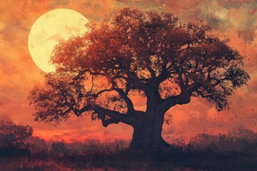 Aufkleber - A large, silhouetted tree stands against a backdrop of an orange sky and full moon.