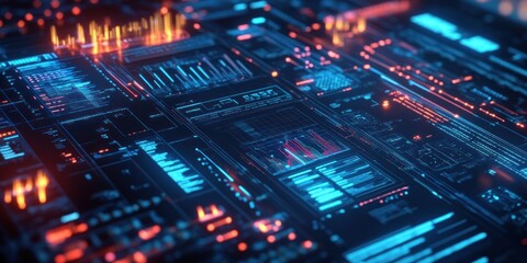 Poster - Abstract futuristic tech background with glowing blue and orange lines and data.