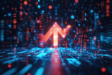 Poster - A red up arrow glows brightly against a futuristic, abstract background of blue and red digital lights, symbolizing growth, success, and progress.