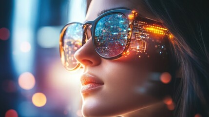 Aufkleber - A woman with futuristic sunglasses reflecting a cityscape, looking into the future.