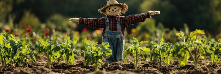 Poster - A scarecrow stands tall among rows of healthy vegetables, ensuring crops are protected in a sunlit garden setting. Generative AI
