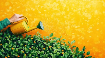 Poster - A hand holds a watering can, gently providing water to young seedlings in a lively garden, enhancing their growth under sunlight. Generative AI