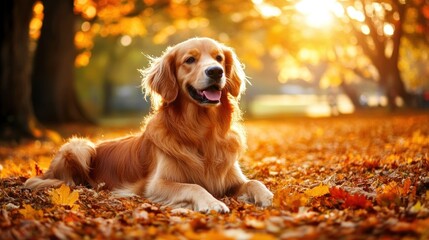 Poster - A golden retriever dog lays in a bed of colorful autumn leaves, looking directly at the camera.