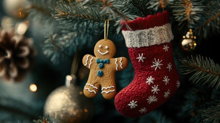 Sticker - A gingerbread man and a red stocking ornament hang from a Christmas tree branch.