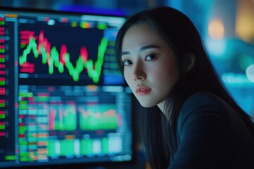Poster - A young businesswoman looks intently at the camera, her gaze focused and determined, as she works late into the night, monitoring financial data on a large monitor.