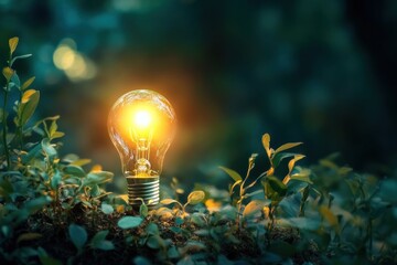 Aufkleber - A glowing light bulb sits in the middle of a patch of green plants, representing innovation and growth.