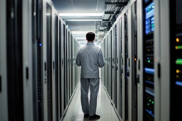Poster - A technician walks through a server room, rows of servers line the walls.