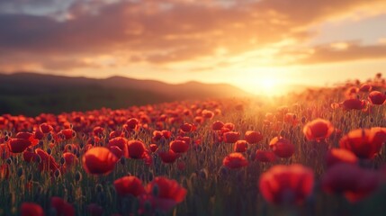 Poster - A field of red poppies bathed in the golden light of the setting sun.