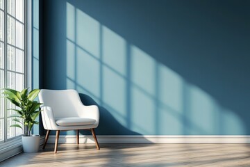 Poster - A white armchair sits in the corner of a room with a blue wall and sunlight streaming through a window.