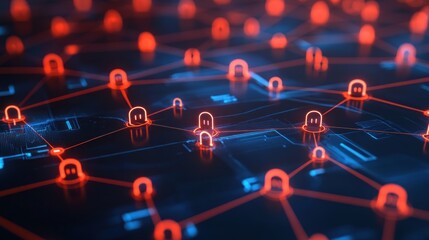 Poster - Abstract digital network with glowing red and blue nodes connected by lines.