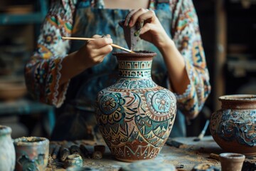 focused artisan painting intricate designs on ceramic vase in workshop