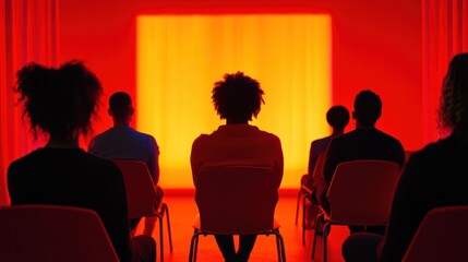 Poster - A group of people sit in a dark room watching a presentation on a bright orange screen.