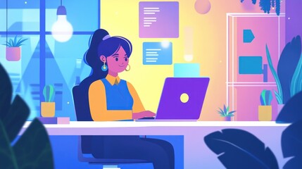 Aufkleber - A woman sits at her desk working on a laptop in her home office at night.