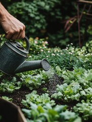 Poster - A hand gently waters young seedlings in rich soil, promoting healthy growth in a flourishing garden during warm daylight. Generative AI