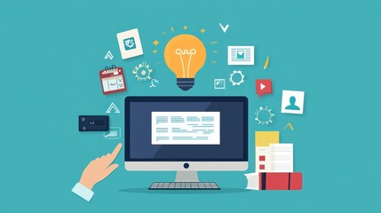 Poster - A hand points to a computer screen with text, a lightbulb, and various icons around it on a teal background, representing ideas and inspiration.
