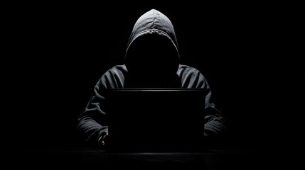 Poster - A hooded figure sits in the dark, working on a laptop. Their face is hidden from view.