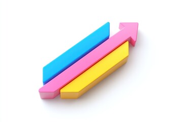 Poster - 3D arrow pointing upwards, made of yellow, pink and blue, symbolizing growth and progress.