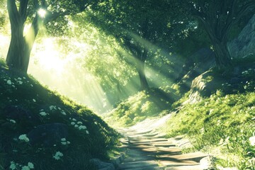Poster - Sunbeams illuminate a pathway through a lush green forest, creating a sense of peace and tranquility.