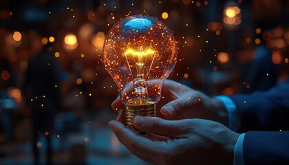 Aufkleber - A Hand Holding a Glowing Lightbulb with Sparks and a Blurred Background