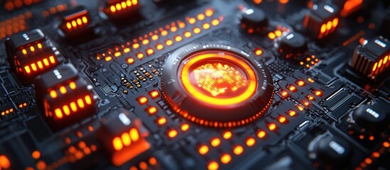 Poster - Close-up of a Futuristic Circuit Board with Glowing Orange Lights
